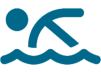 A blue and black logo of a person swimming.