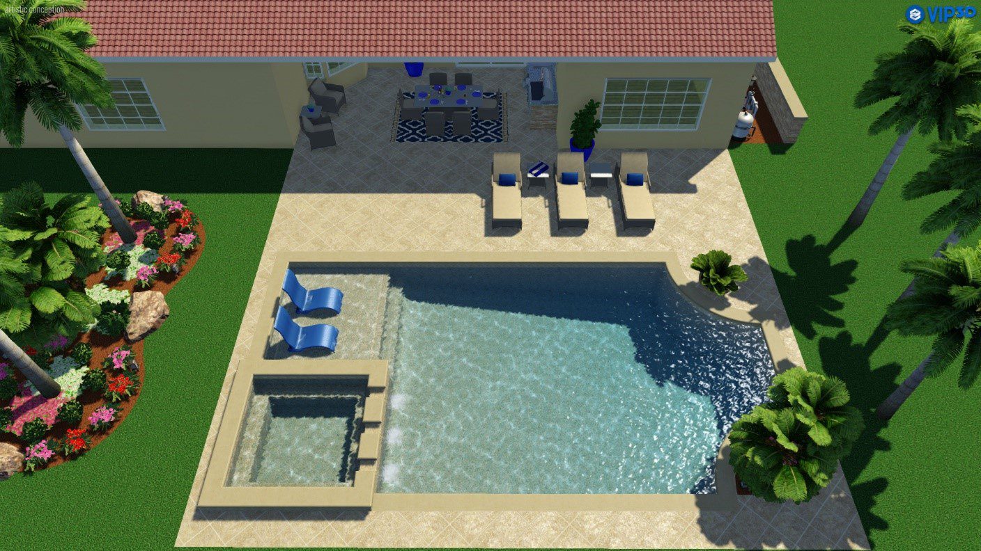 A 3 d rendering of an outdoor pool area.