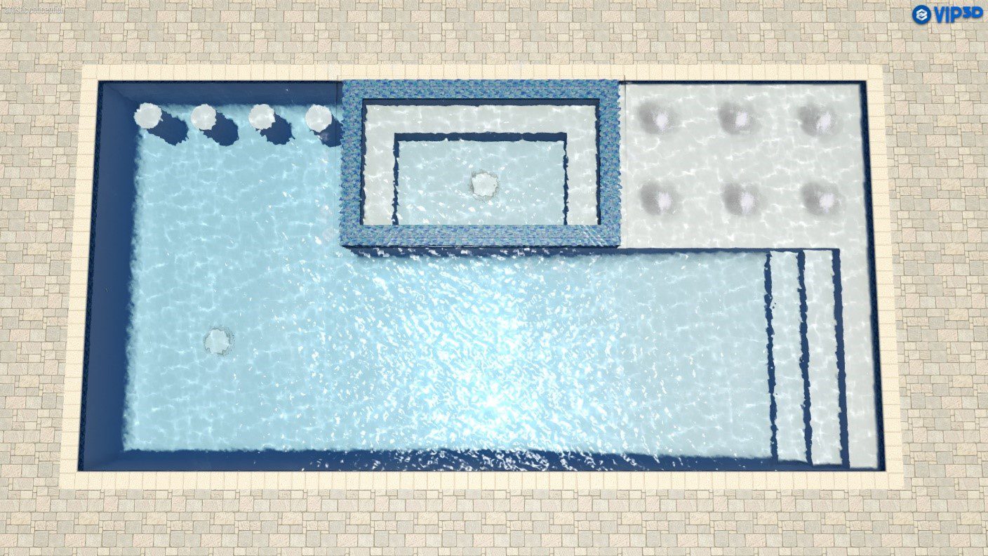 A pool with a blue and white tile pattern.