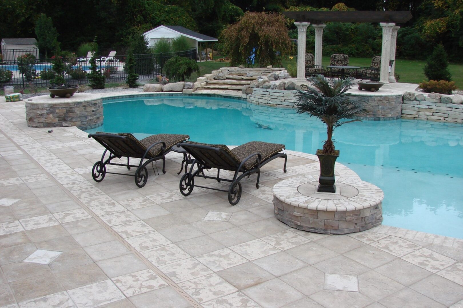 A pool with two lounge chairs and a palm tree.